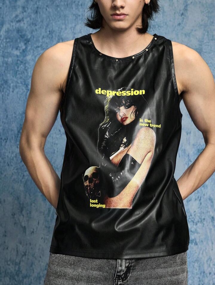 Men's Street Fashion PU Rivet Portrait Tank Top